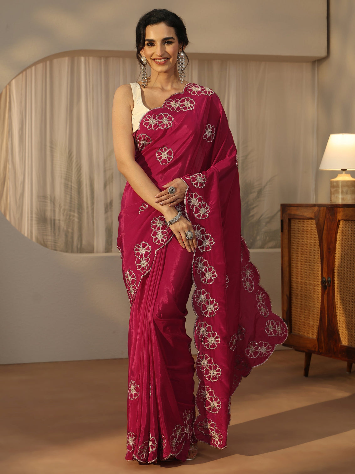 Mameraa Rani Pink Floral Embellished Satin Saree with Scalloped Border