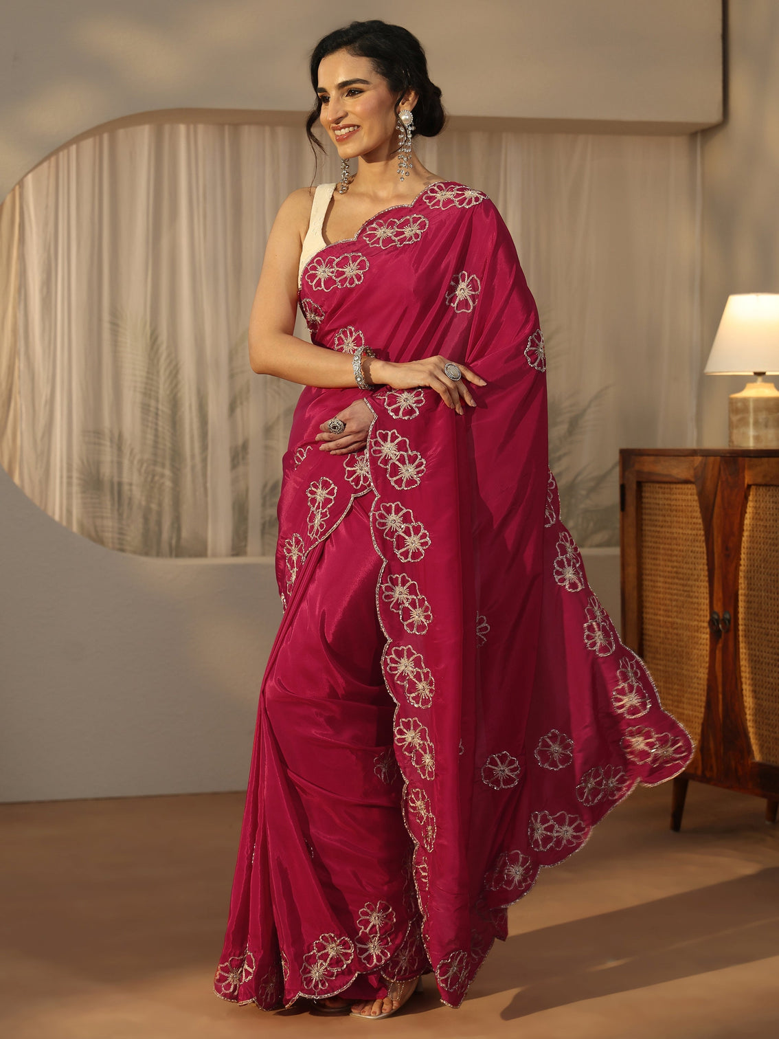 Mameraa Rani Pink Floral Embellished Satin Saree with Scalloped Border