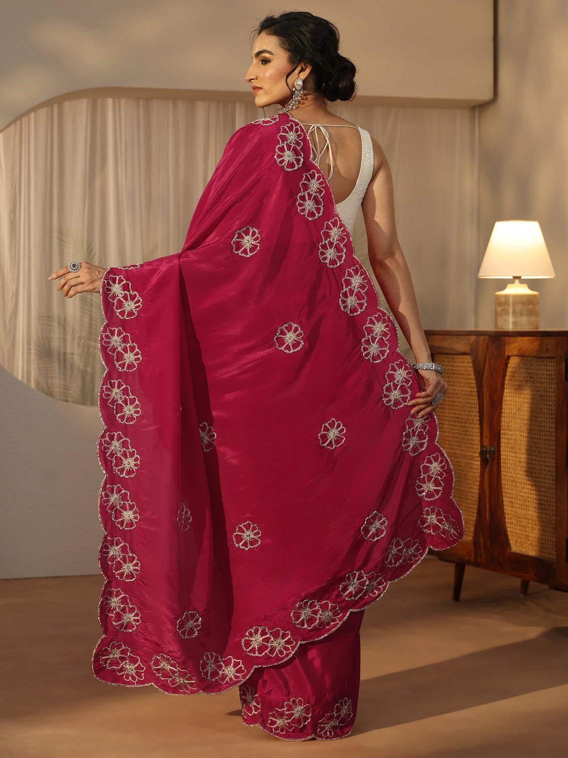 Mameraa Rani Pink Floral Embellished Satin Saree with Scalloped Border