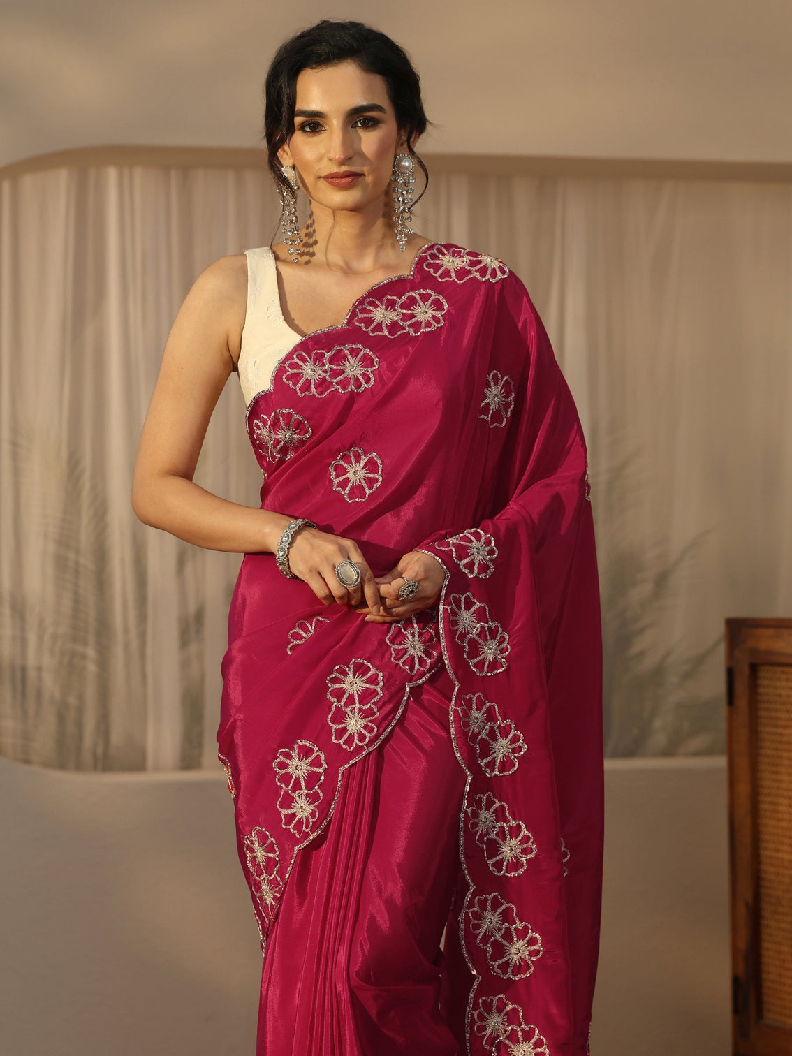 Mameraa Rani Pink Floral Embellished Satin Saree with Scalloped Border