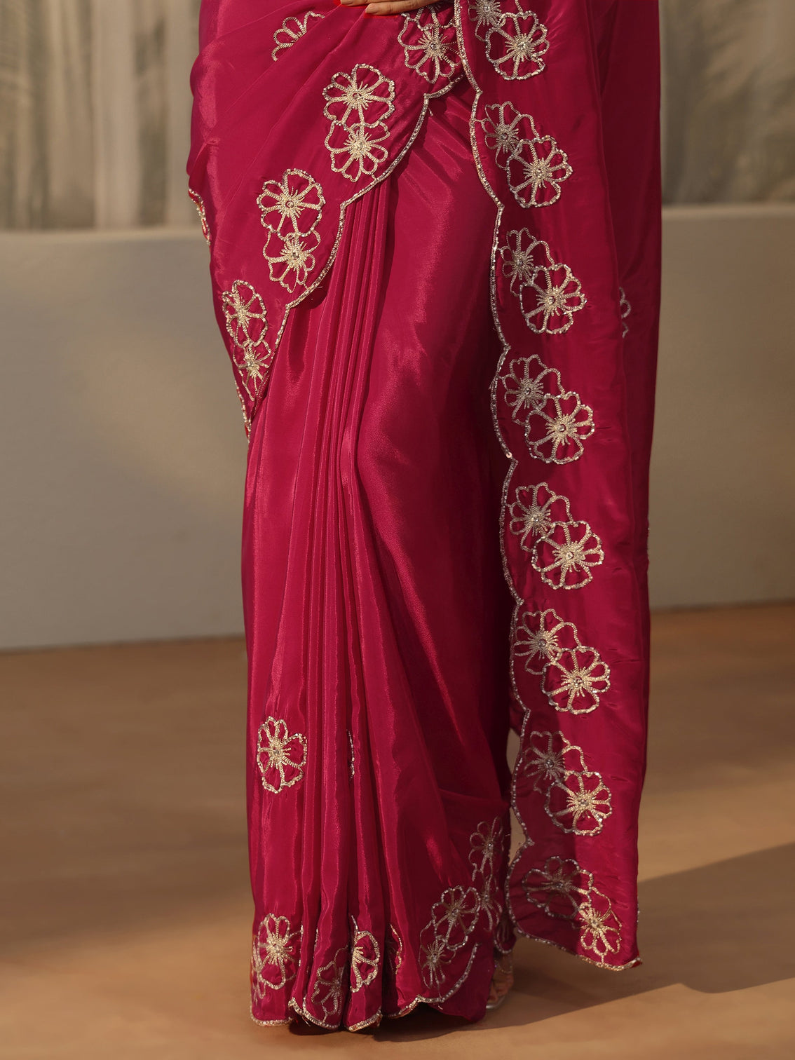 Mameraa Rani Pink Floral Embellished Satin Saree with Scalloped Border