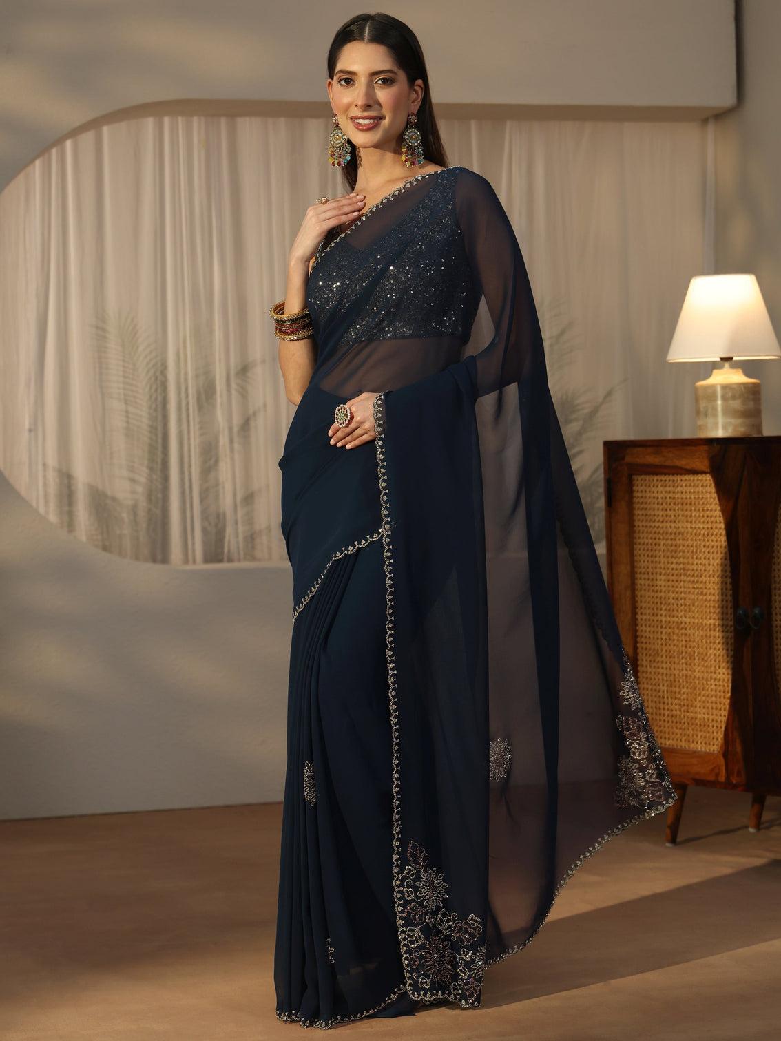 Mameraa Navy Blue Floral Embellished Georgette Saree