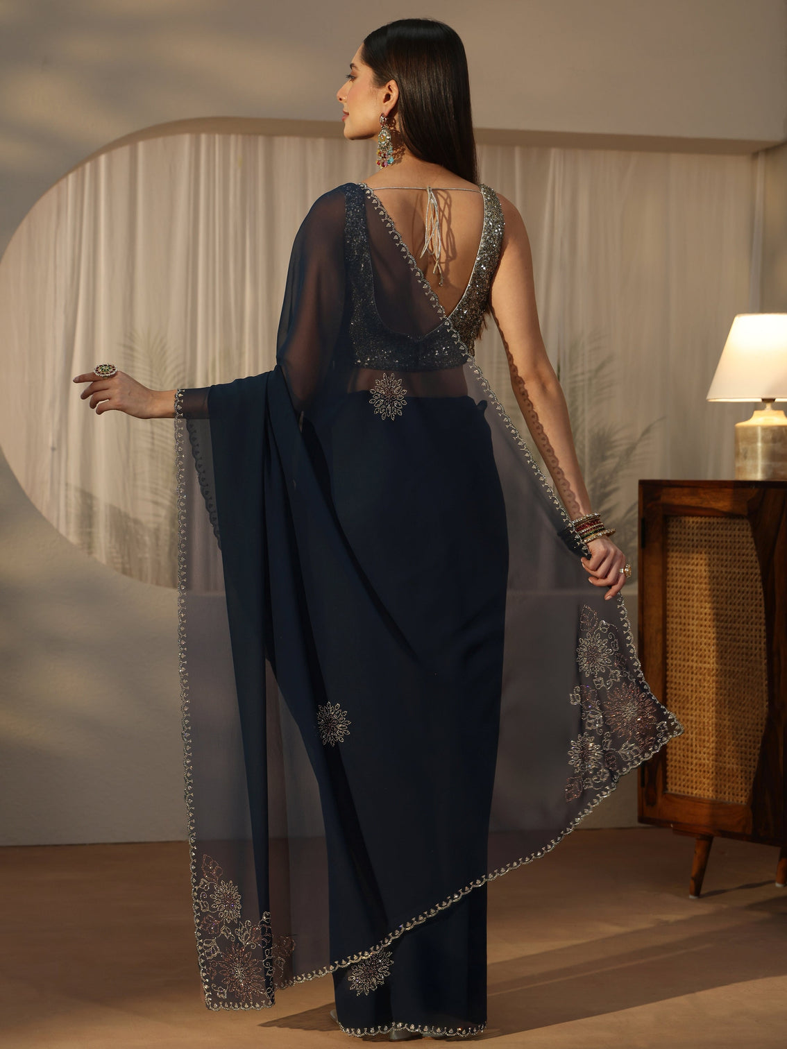 Mameraa Navy Blue Floral Embellished Georgette Saree