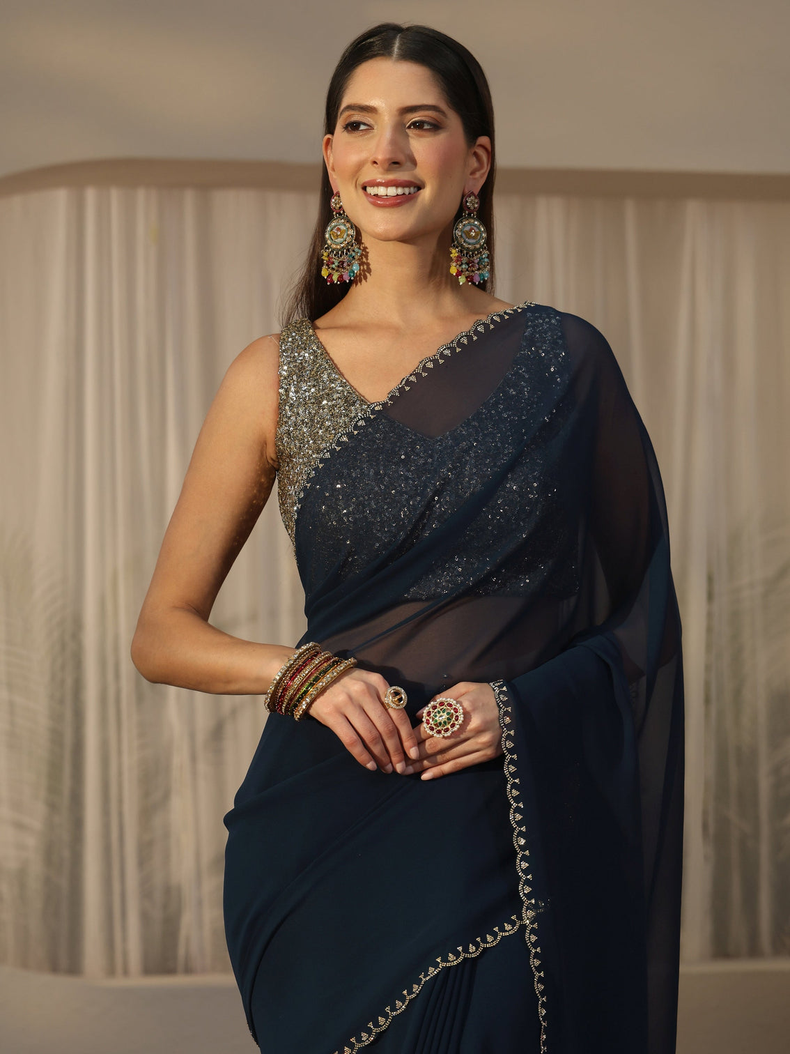 Mameraa Navy Blue Floral Embellished Georgette Saree