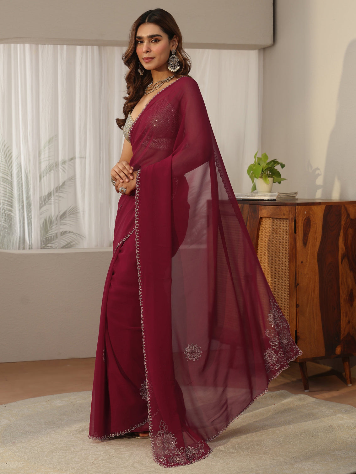 Mameraa Maroon Embellished Georgette Saree
