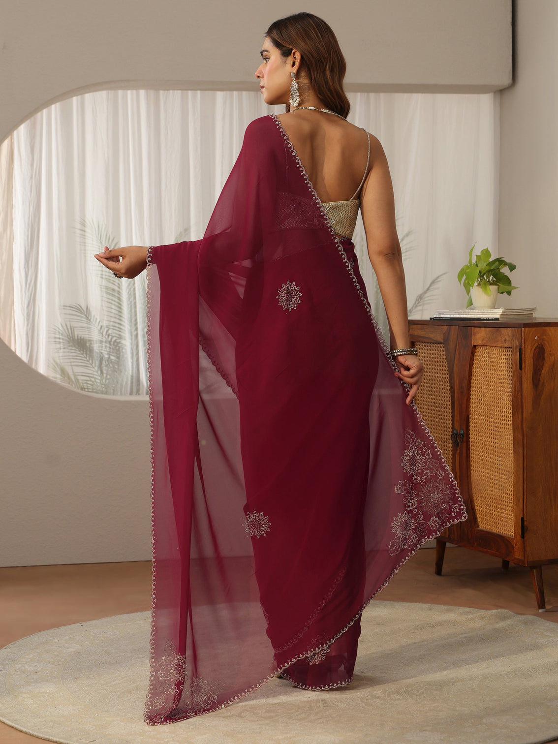 Mameraa Maroon Embellished Georgette Saree
