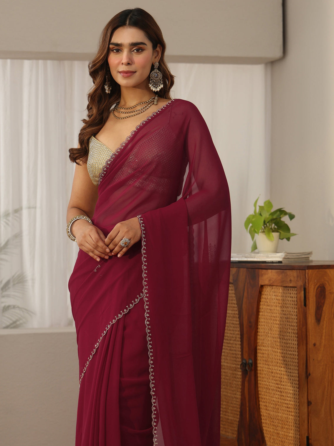 Mameraa Maroon Embellished Georgette Saree