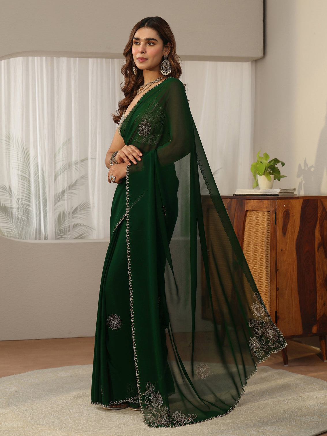 Mameraa Forest Green Stone Embellished Georgette Saree