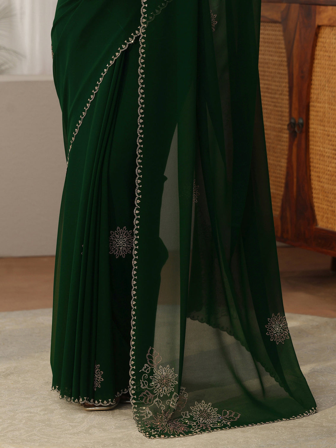 Mameraa Forest Green Stone Embellished Georgette Saree