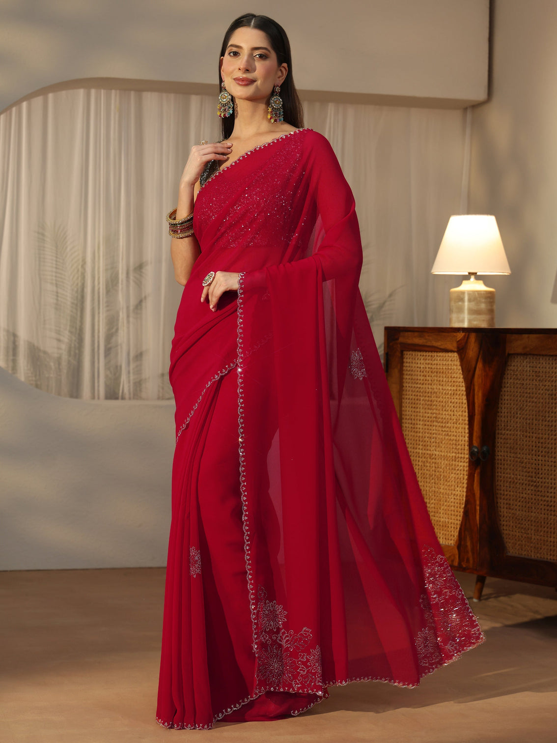 Mameraa Rose Red Floral Embellished Georgette Saree