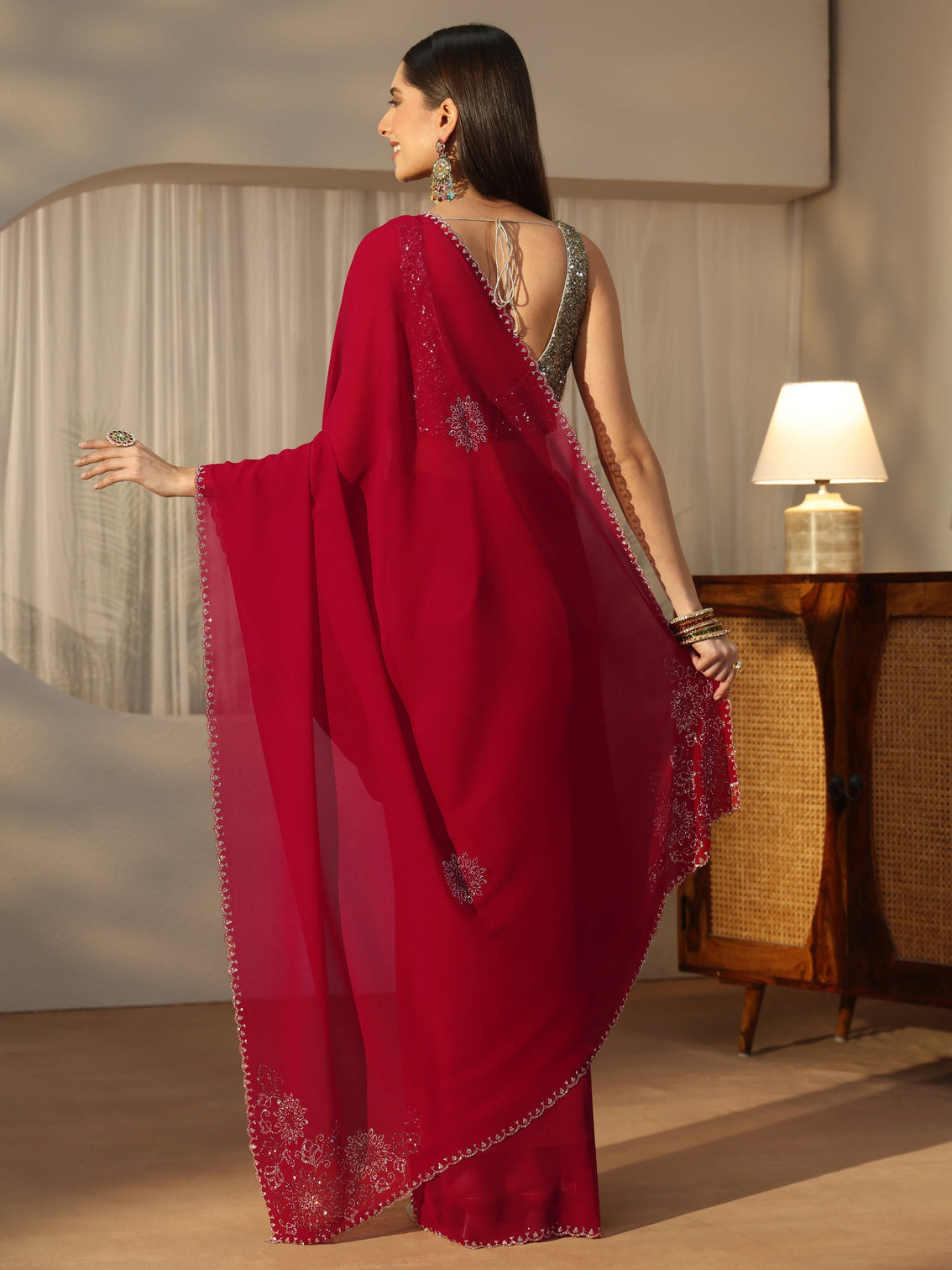 Mameraa Rose Red Floral Embellished Georgette Saree