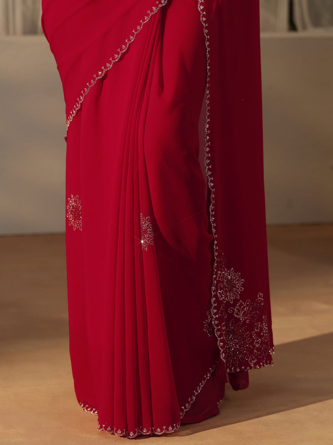 Mameraa Rose Red Floral Embellished Georgette Saree