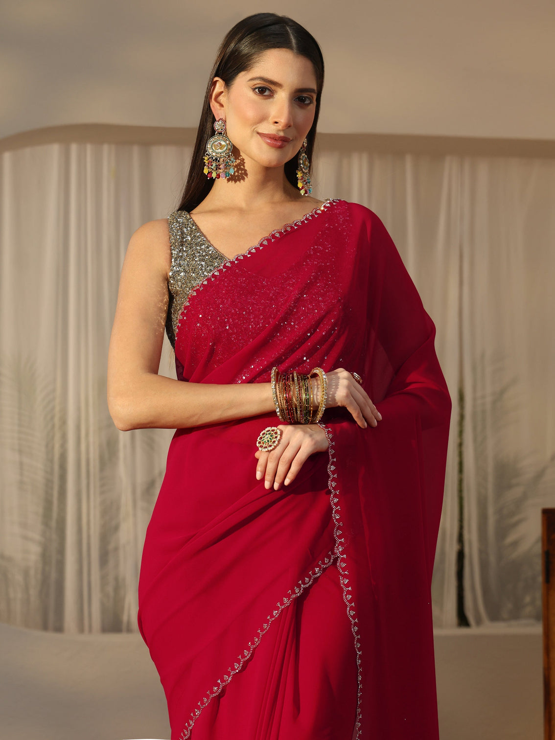 Mameraa Rose Red Floral Embellished Georgette Saree