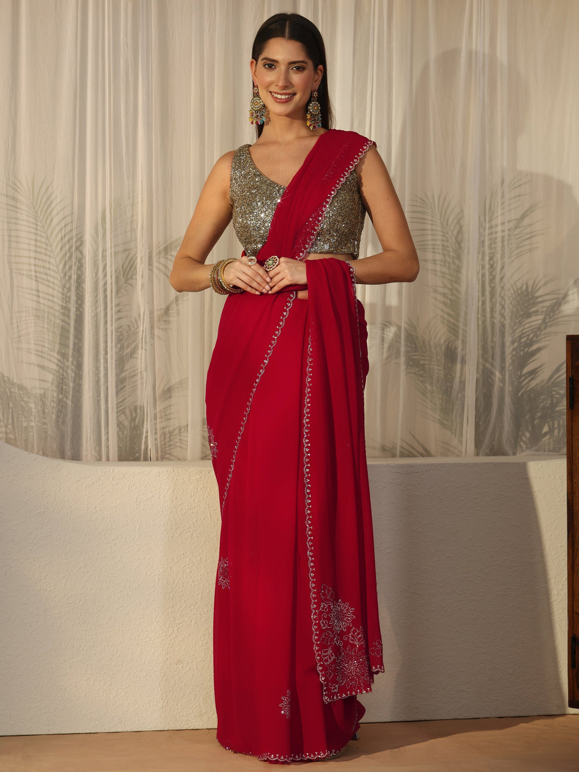 Mameraa Rose Red Floral Embellished Georgette Saree