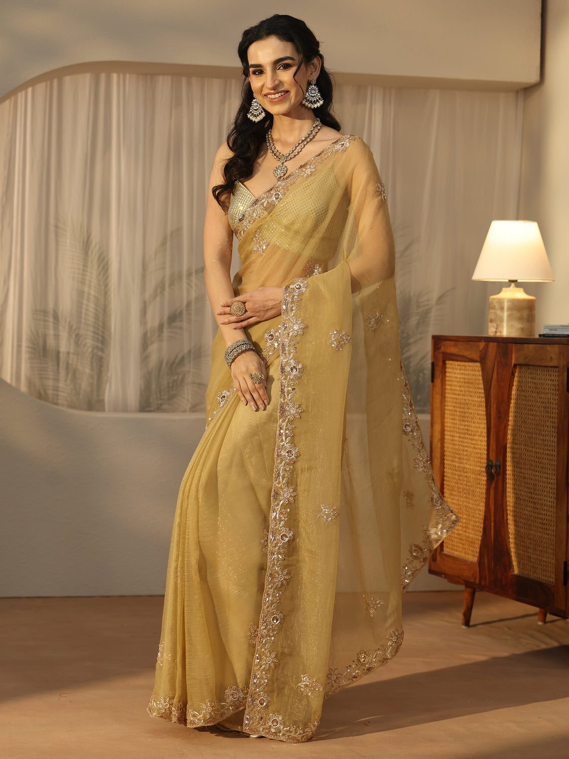 Mameraa Green Floral Embellished Tissue Saree