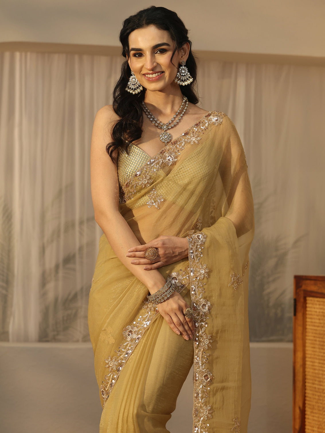 Mameraa Green Floral Embellished Tissue Saree