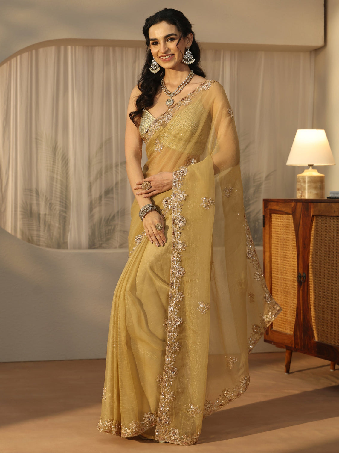 Mameraa Green Floral Embellished Tissue Saree