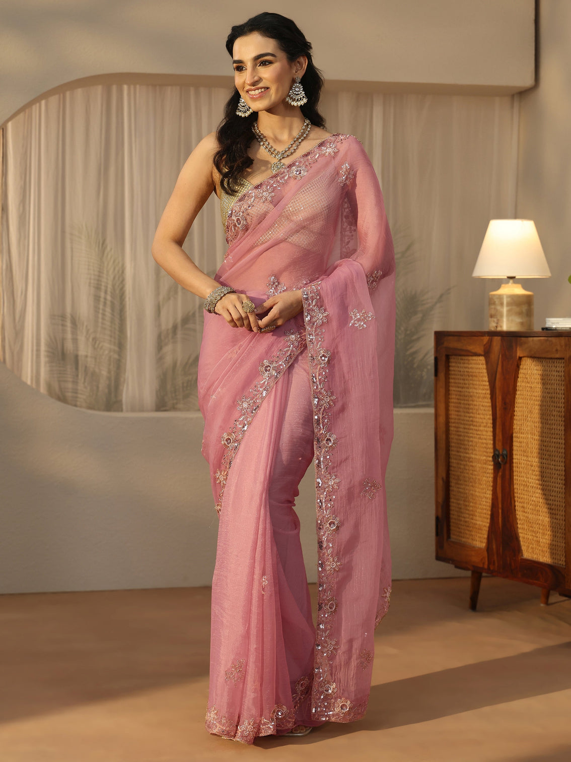 Mameraa Dusty Pink Floral Embellished Tissue Saree