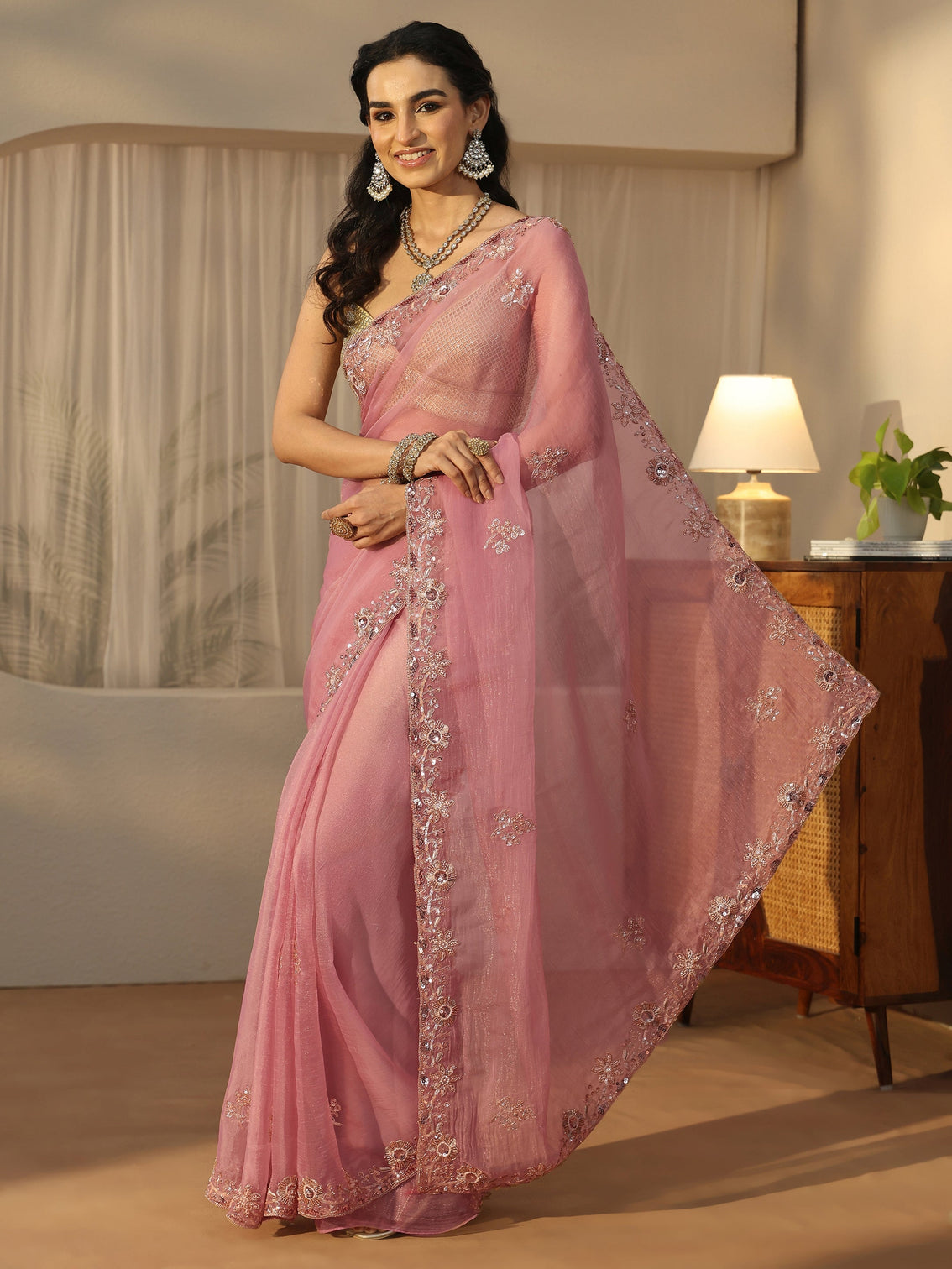 Mameraa Dusty Pink Floral Embellished Tissue Saree