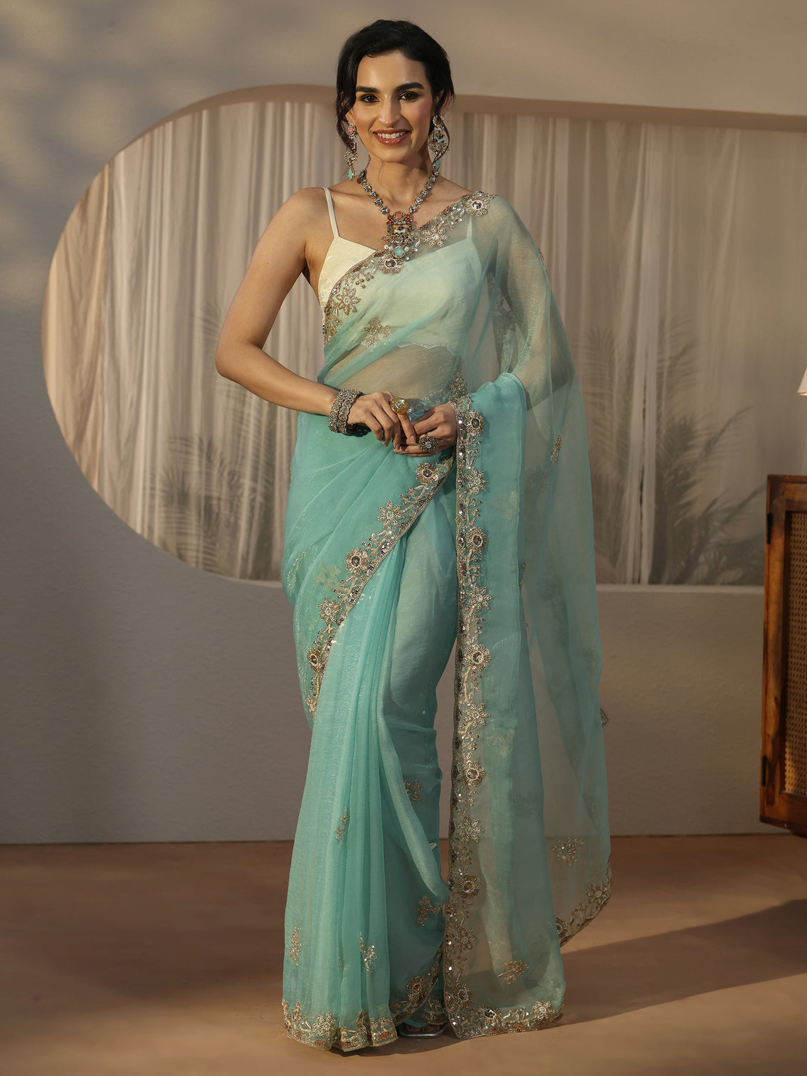 Mameraa Turquoise Blue Floral Embellished Tissue Saree
