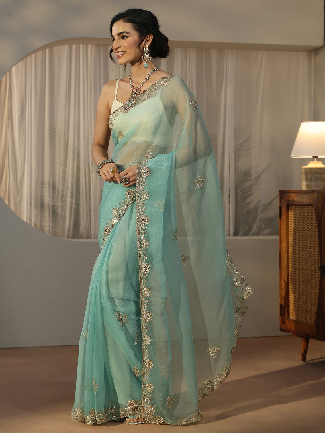 Mameraa Turquoise Blue Floral Embellished Tissue Saree