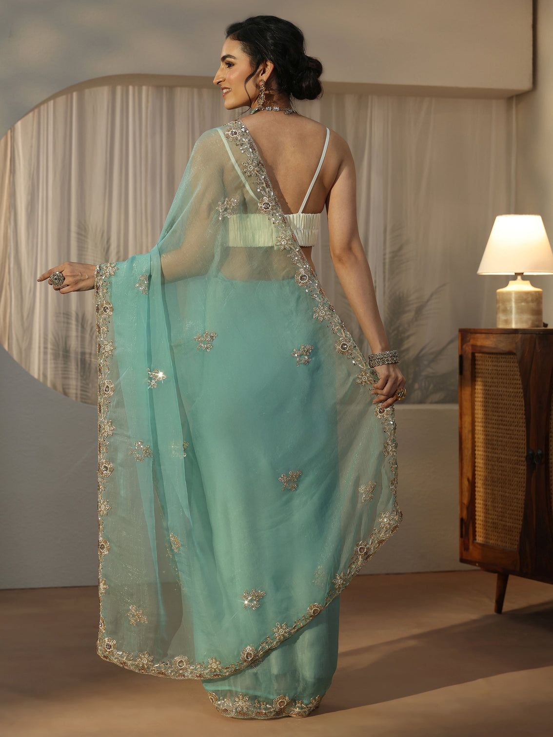 Mameraa Turquoise Blue Floral Embellished Tissue Saree