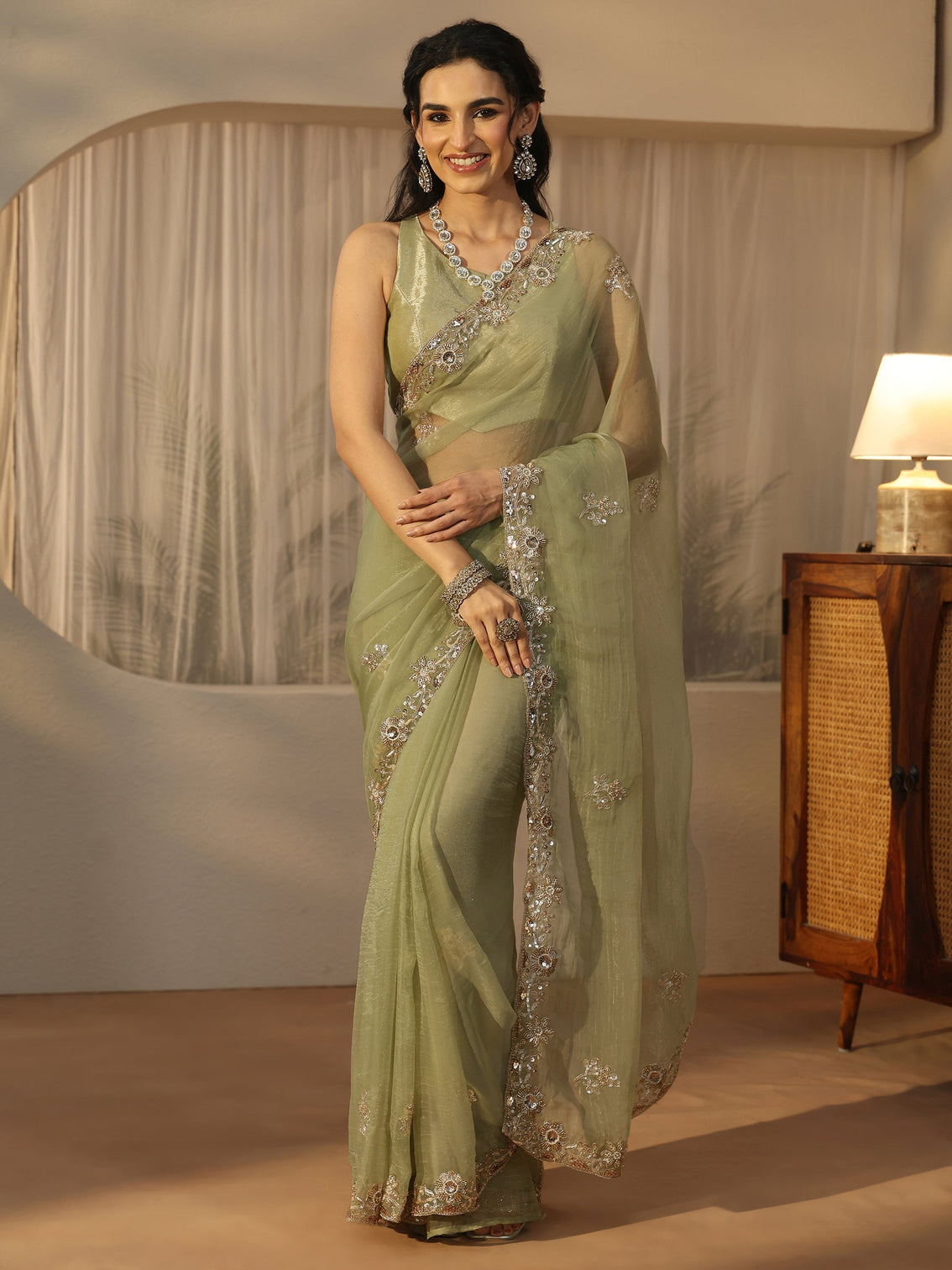 Mameraa Pista Green Floral Embellished Tissue Saree