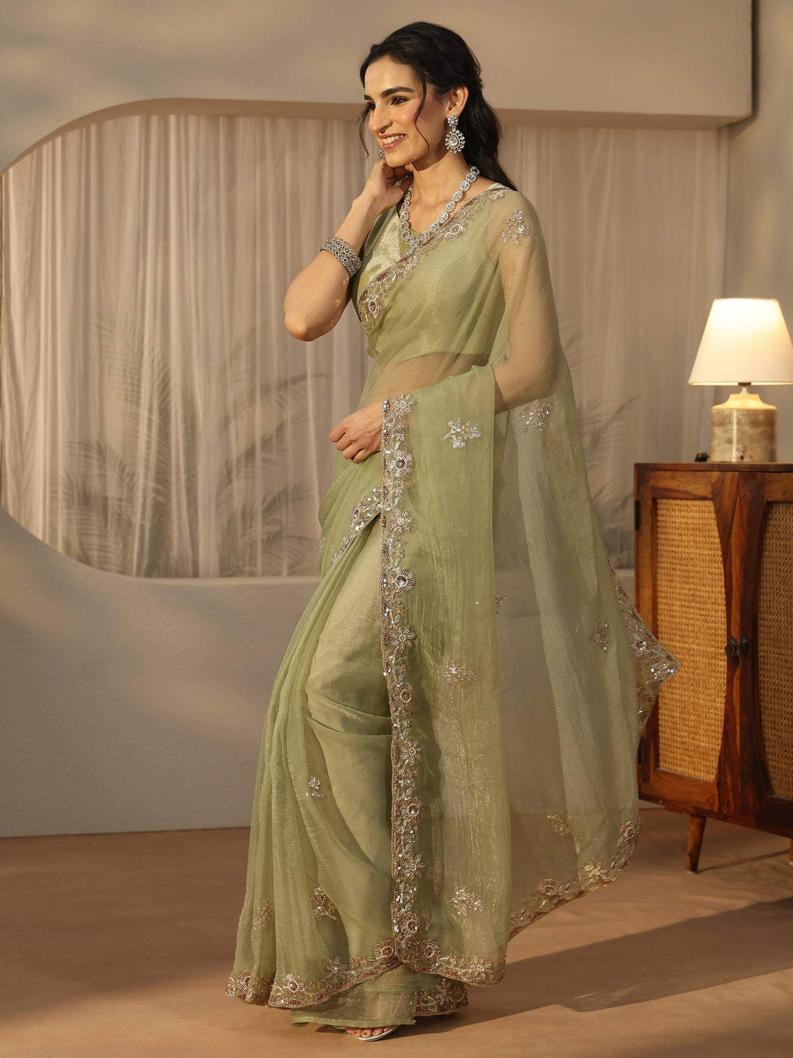 Mameraa Pista Green Floral Embellished Tissue Saree