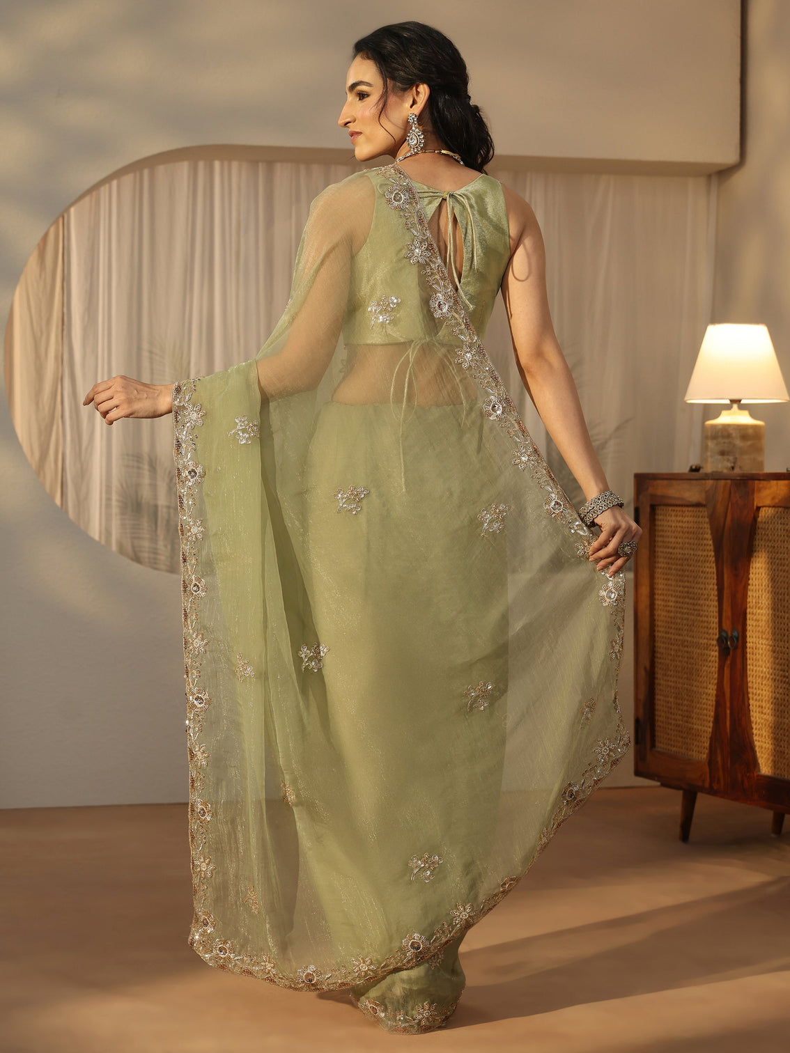 Mameraa Pista Green Floral Embellished Tissue Saree