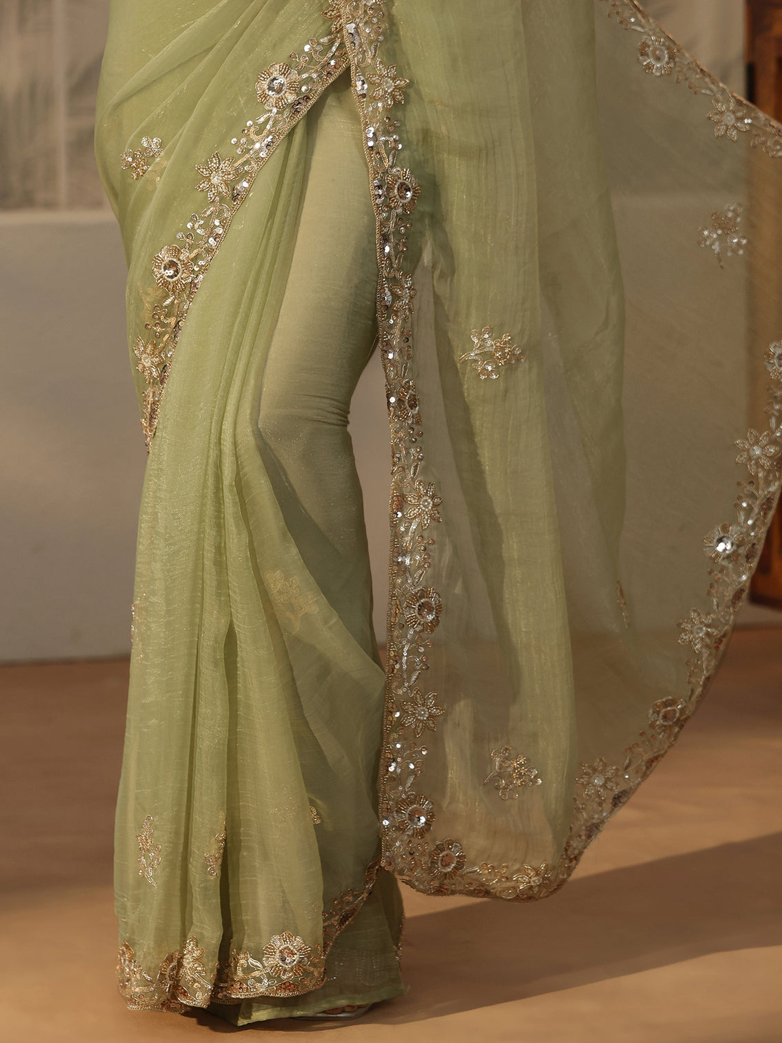 Mameraa Pista Green Floral Embellished Tissue Saree