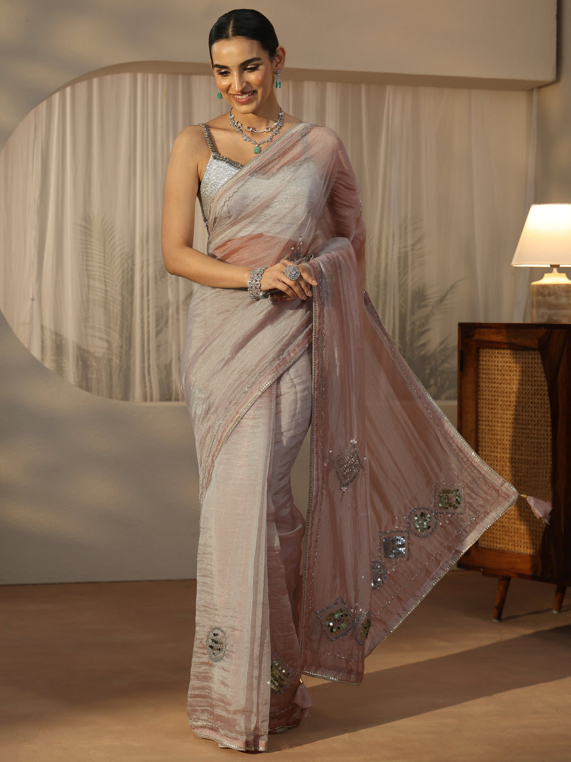 Mameraa Grey Tissue Saree with Applique Design