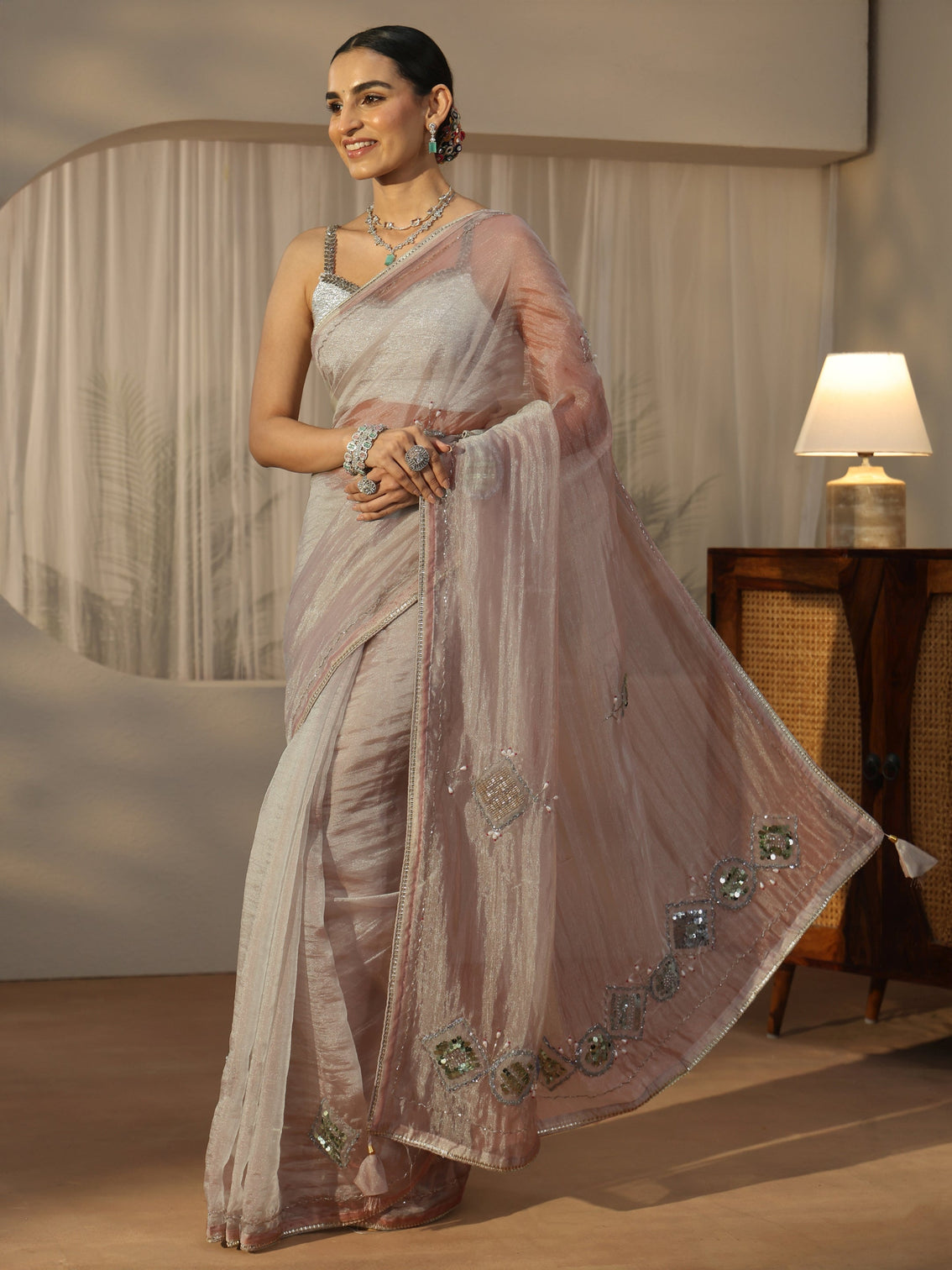 Mameraa Grey Tissue Saree with Applique Design