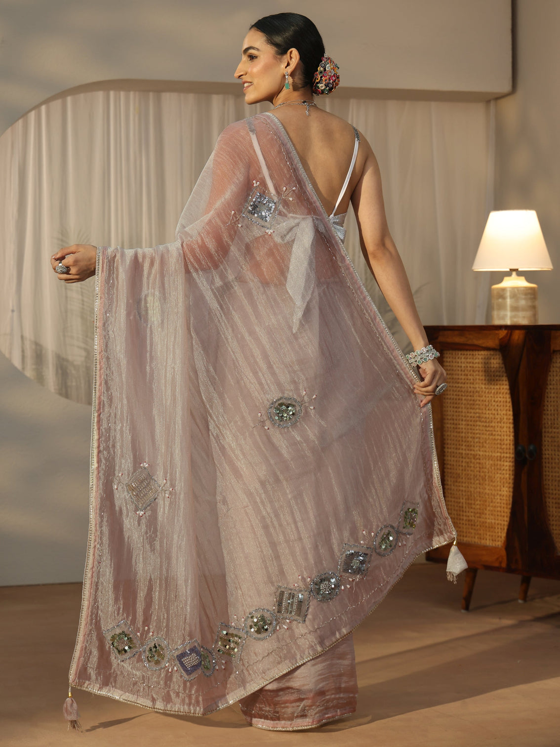 Mameraa Grey Tissue Saree with Applique Design