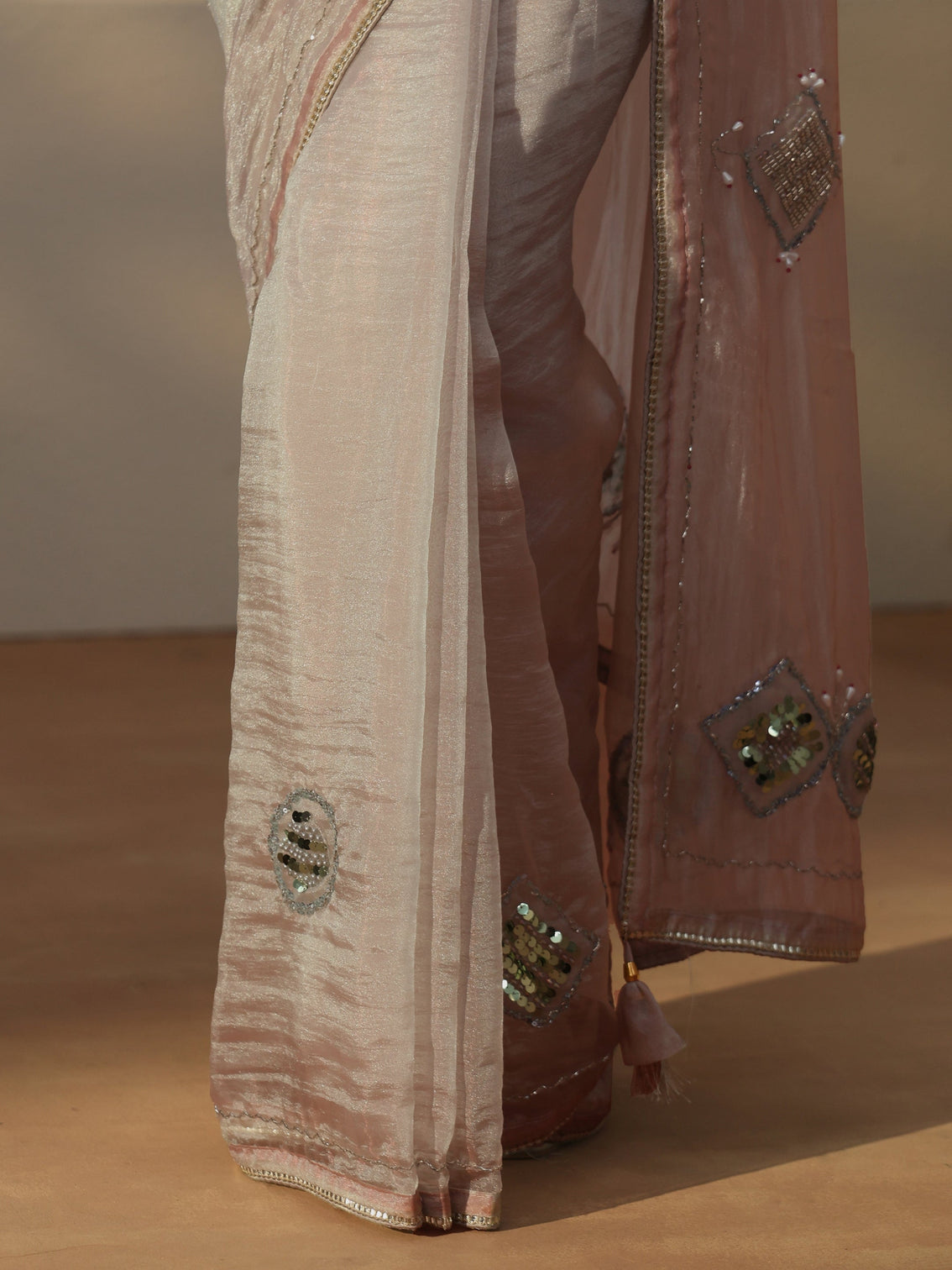 Mameraa Grey Tissue Saree with Applique Design