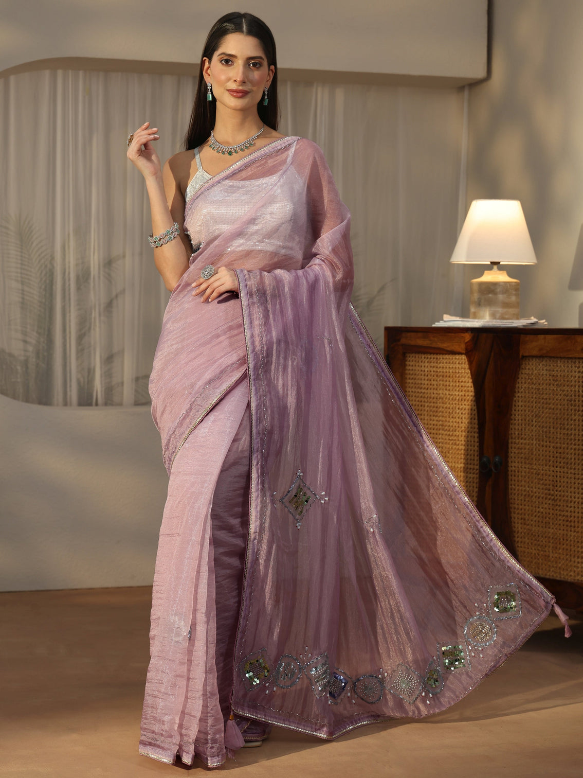 Mameraa Lavender Tissue Saree with Applique Design