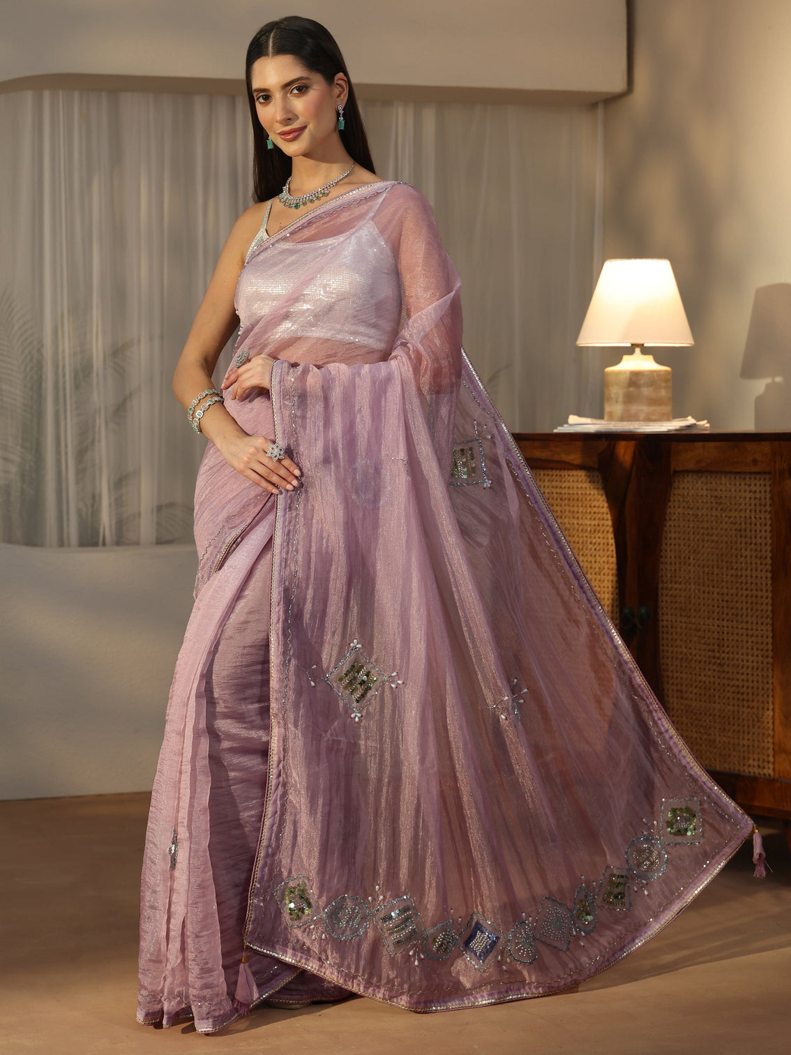 Mameraa Lavender Tissue Saree with Applique Design