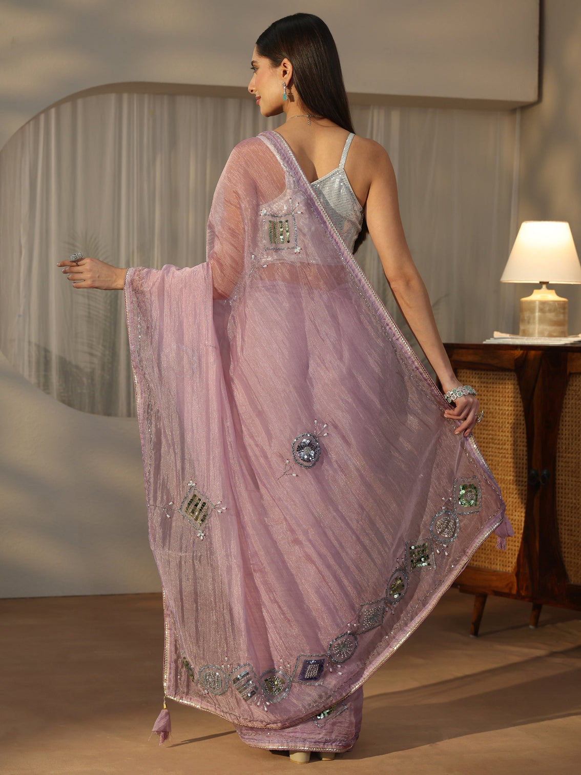 Mameraa Lavender Tissue Saree with Applique Design