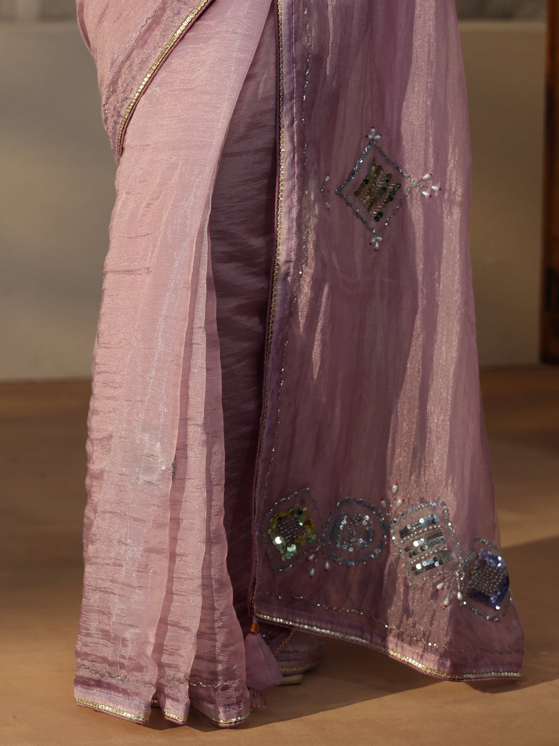Mameraa Lavender Tissue Saree with Applique Design