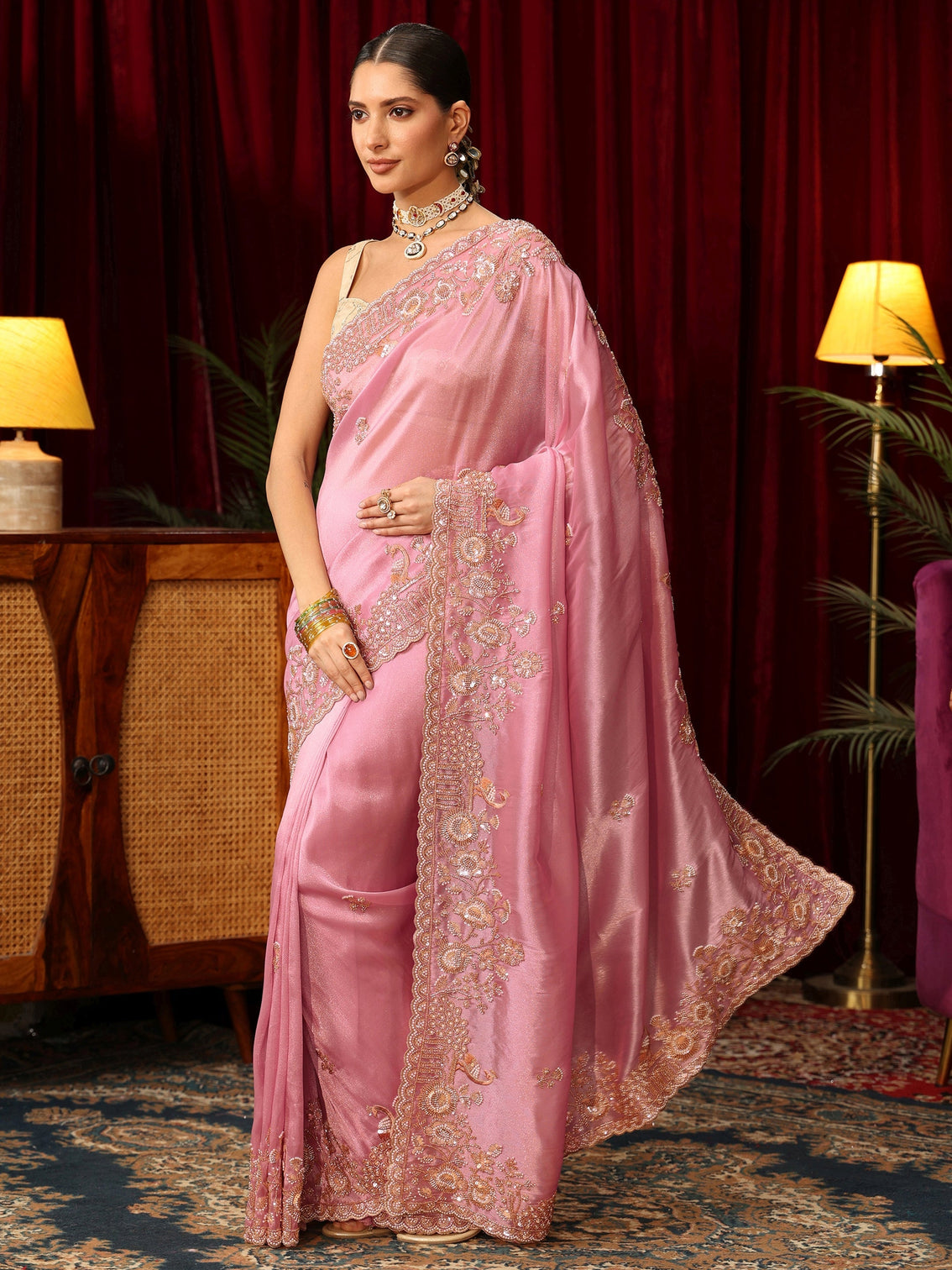 Mameraa Art Cerise Pink Floral Embellished Tissue Saree