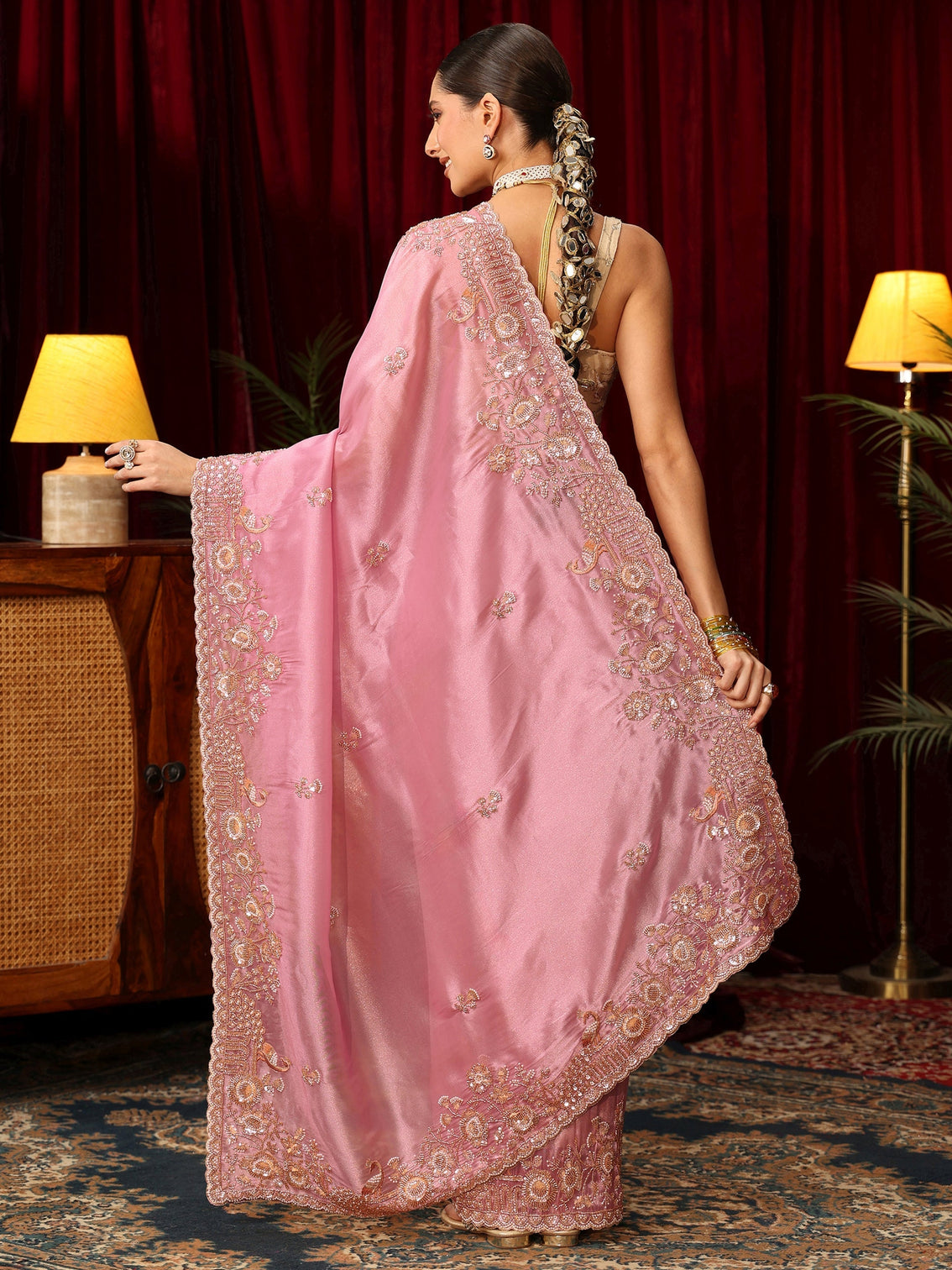 Mameraa Art Cerise Pink Floral Embellished Tissue Saree
