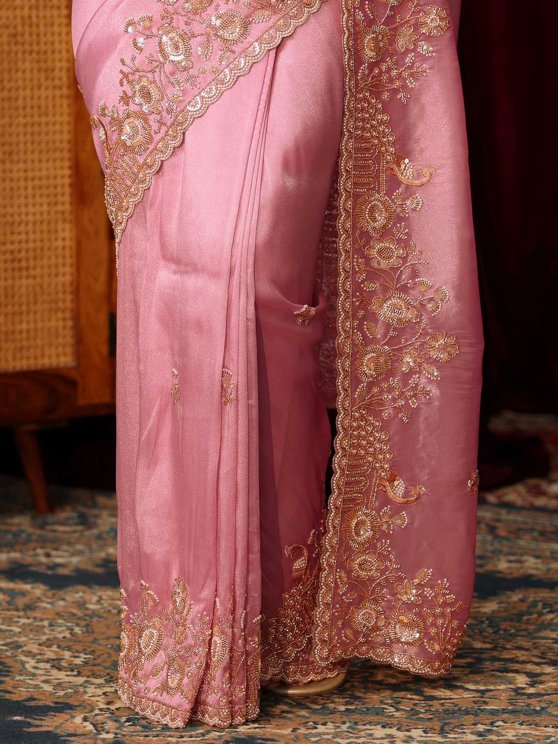Mameraa Art Cerise Pink Floral Embellished Tissue Saree
