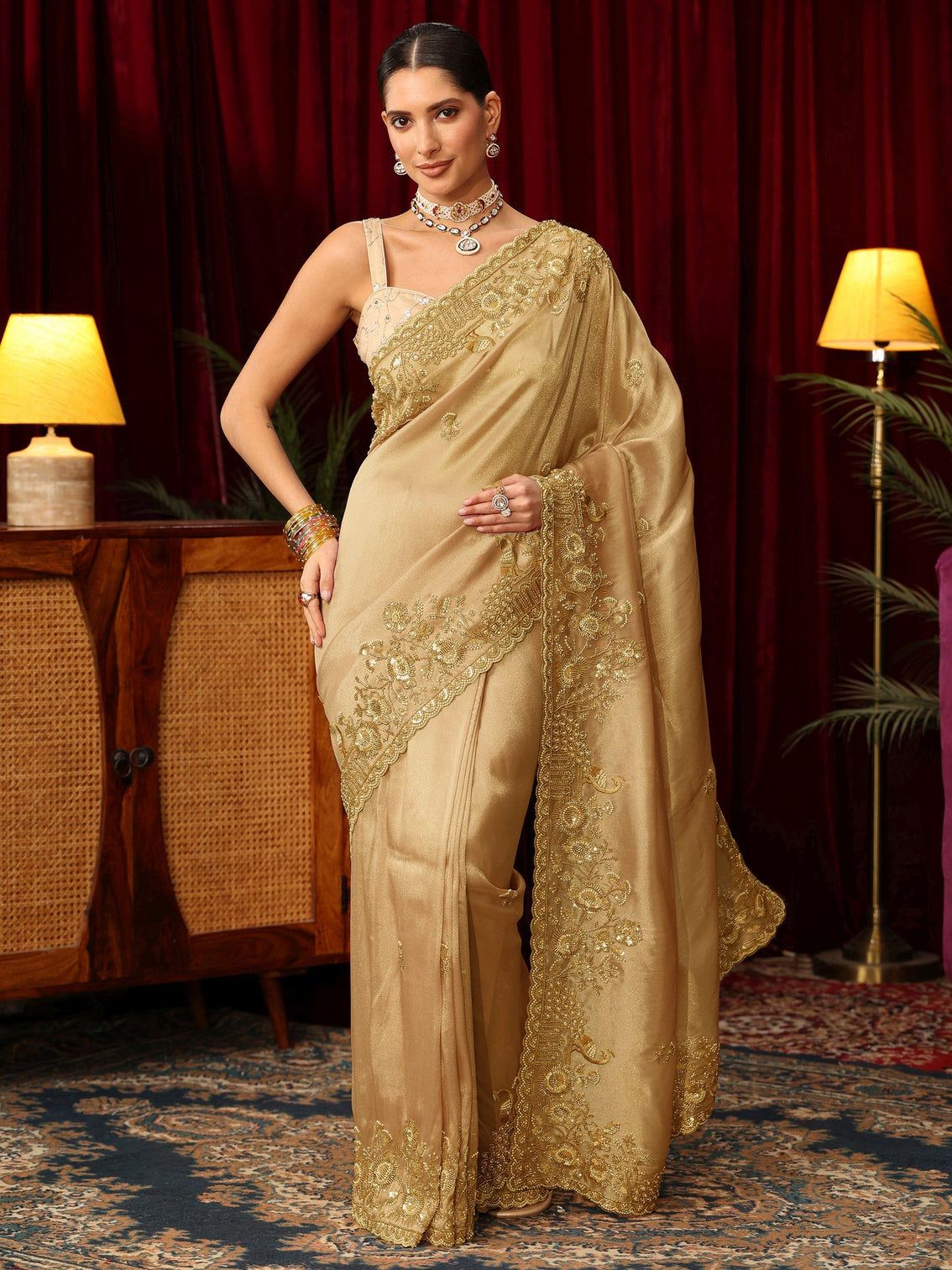Mameraa Art Golden Floral Embellished Tissue Saree