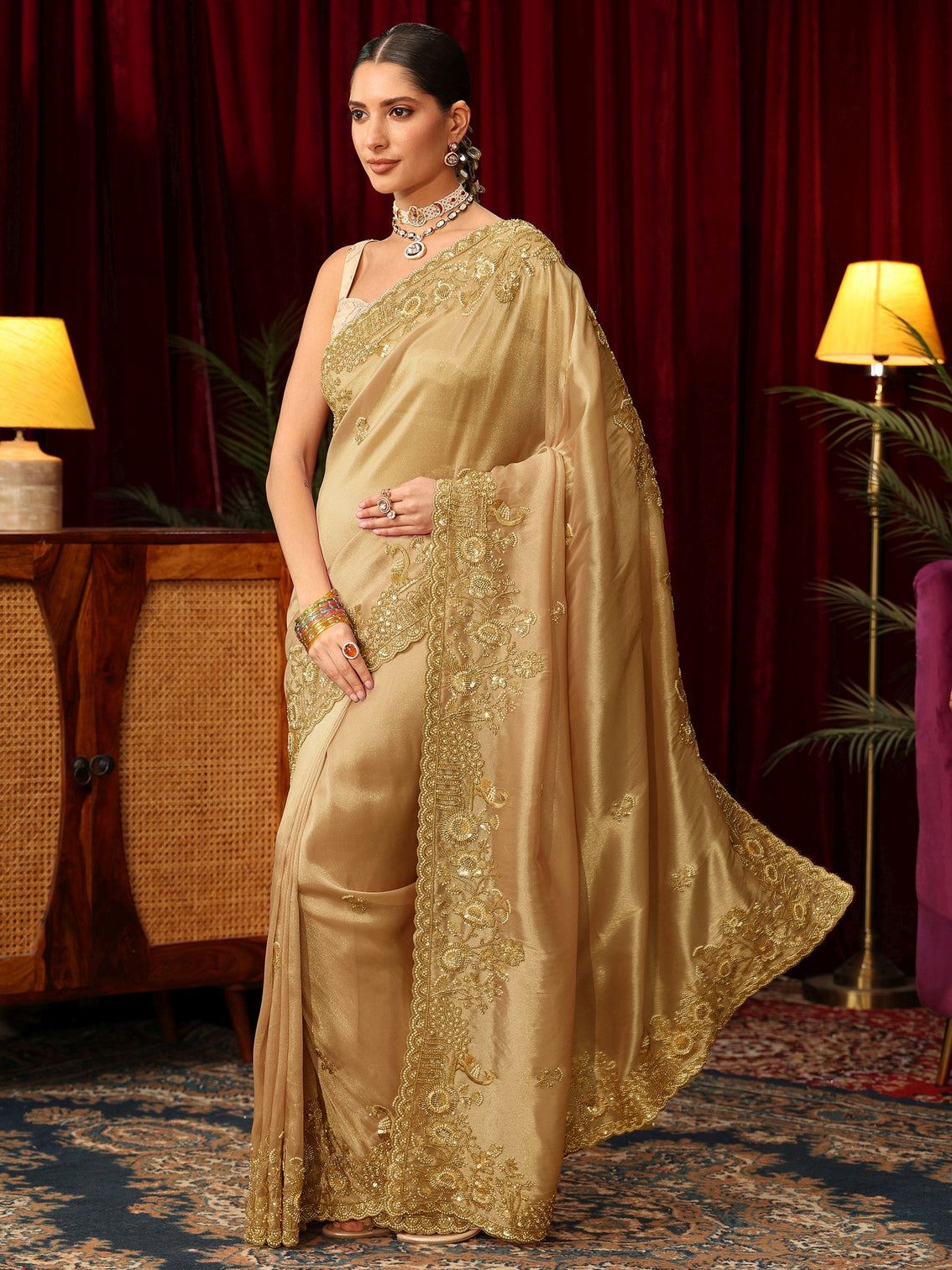 Mameraa Art Golden Floral Embellished Tissue Saree