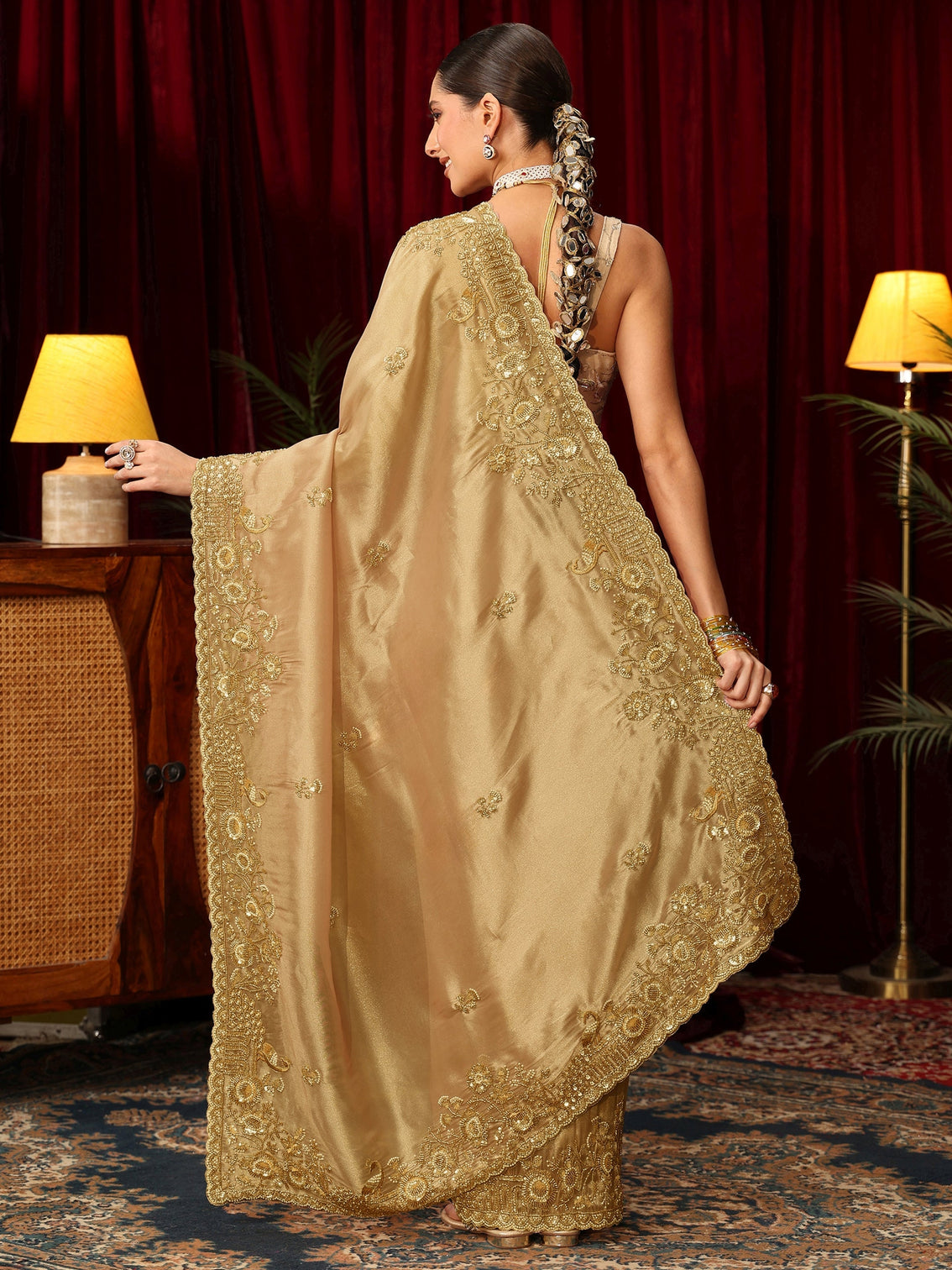Mameraa Art Golden Floral Embellished Tissue Saree