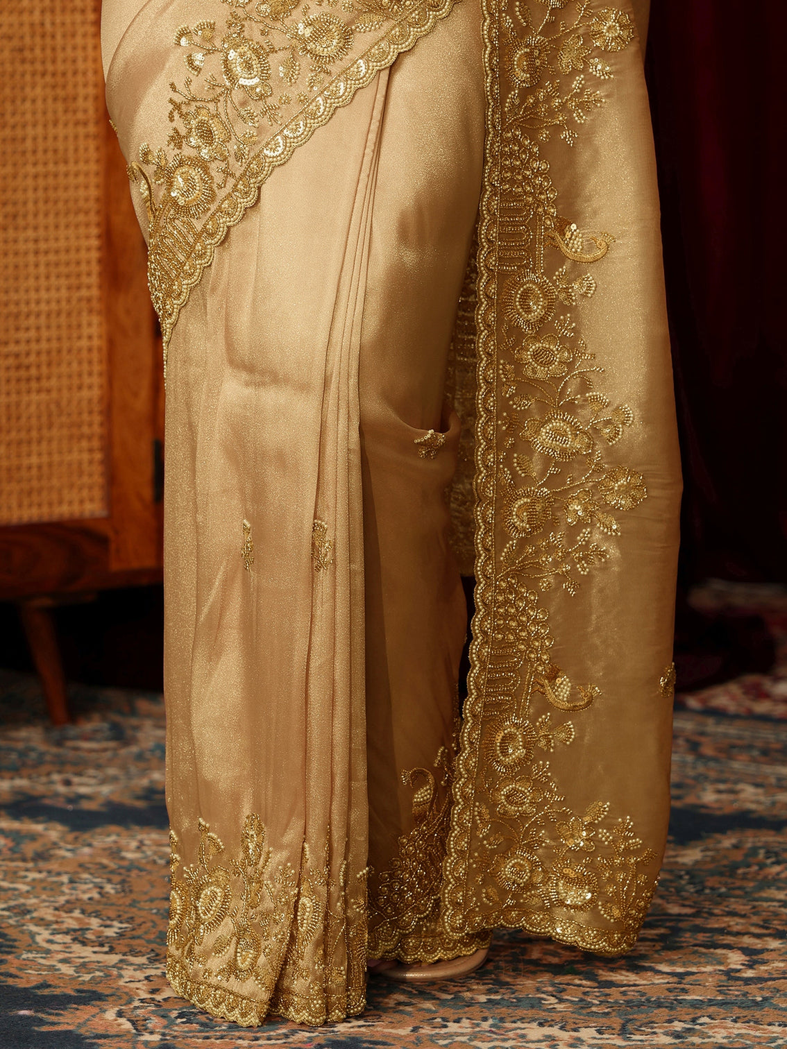 Mameraa Art Golden Floral Embellished Tissue Saree