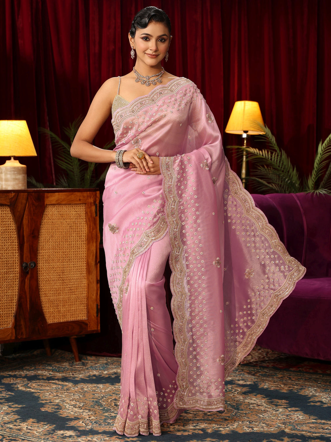 Mameraa Art Pink Floral Embroidered Tissue Saree