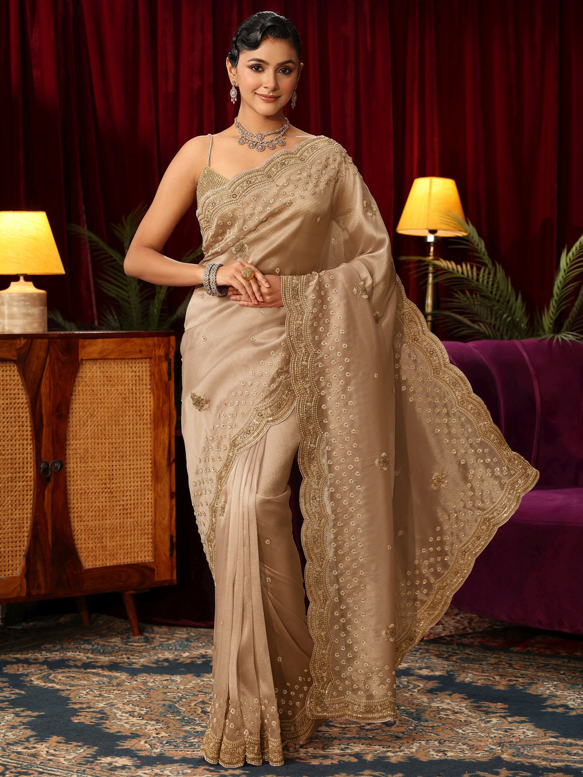 Mameraa Art Gold Floral Embellished Silk Blend Saree