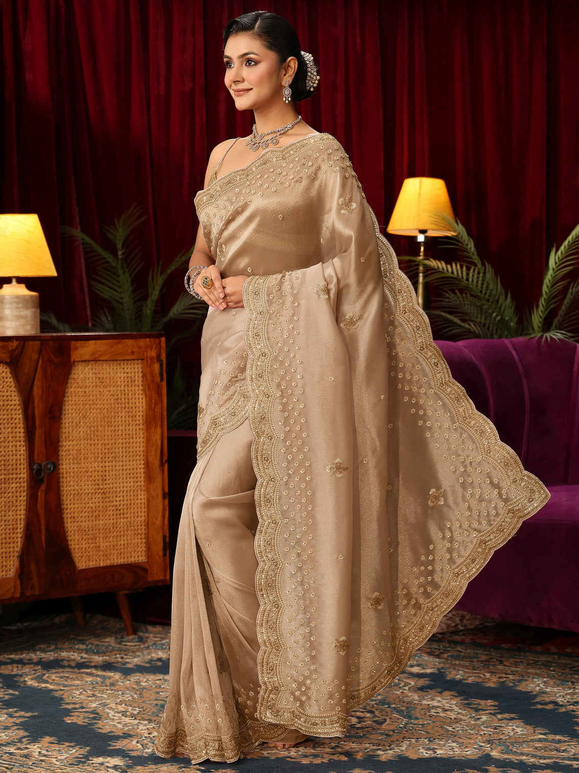 Mameraa Art Gold Floral Embellished Silk Blend Saree