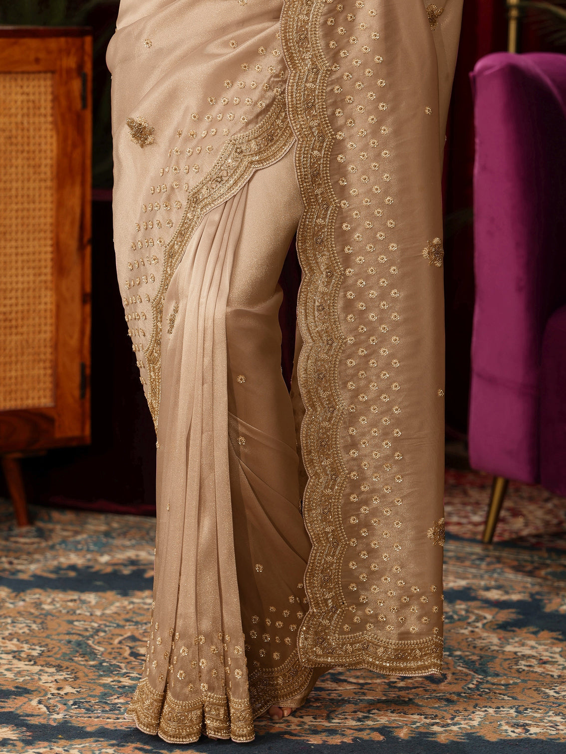 Mameraa Art Gold Floral Embellished Silk Blend Saree