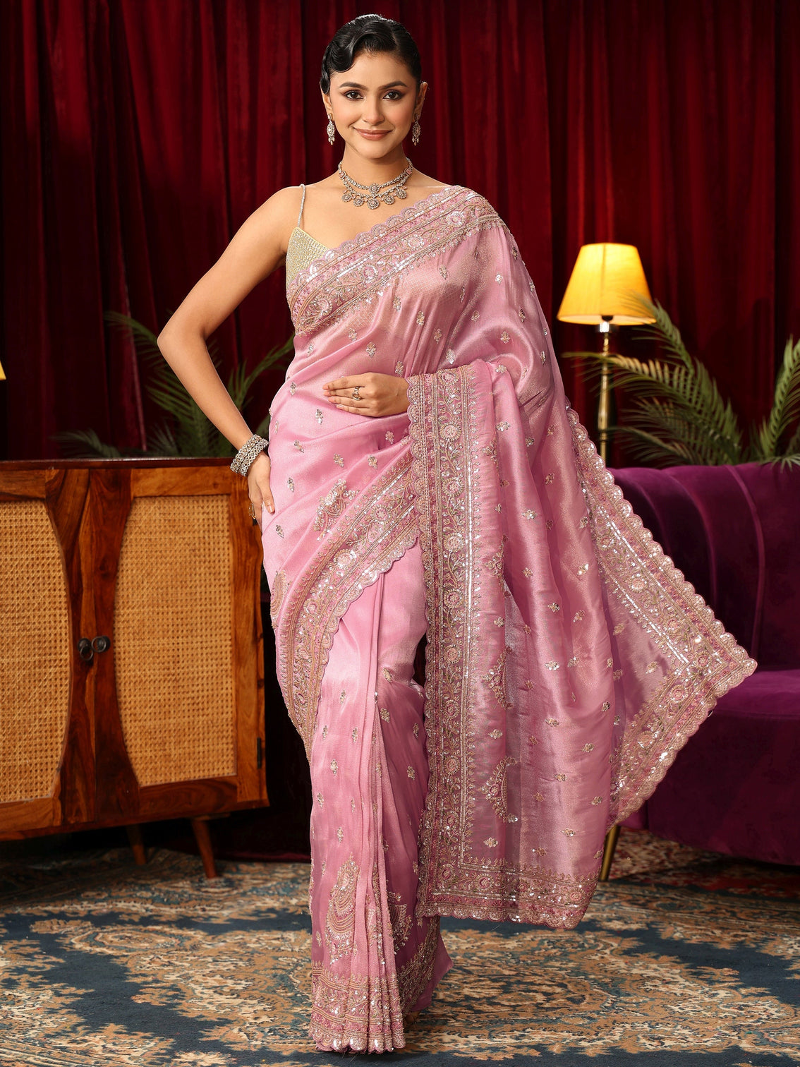 Mameraa Art Pink Sequin Embellished Tissue Saree